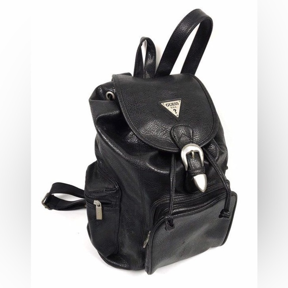Black Leather Backpack With Golden Accents & Tassels Guess